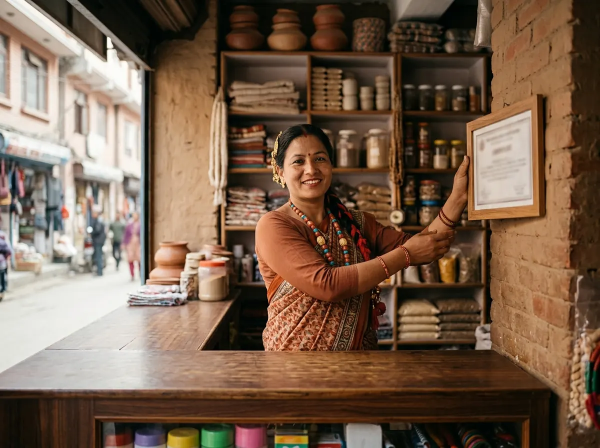 A shop owner hanging her framed registration certificate behind the counter