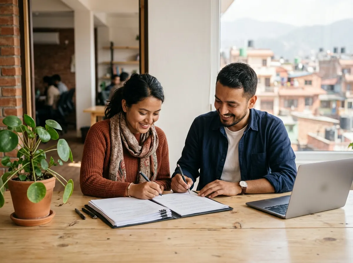 Two founders signing their company registration papers at an office table in Kathmandu